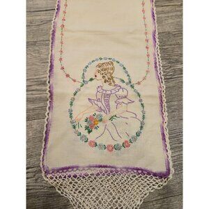 Vintage Embroidery Victorian lady Handmade White Linen Table Runner Crochet Lace